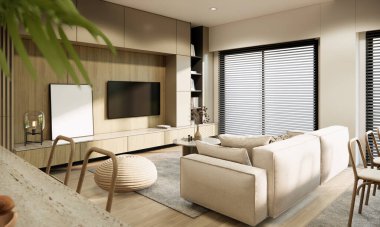 Modern iç mekan tasarımı ve dekorasyonu toprak tonunda ve doğal renkli mobilya kumaş kanepede, Woonden duvar güneş ışığı perdeleri penceresinde. 3D tasarım kondominyum vitrini.