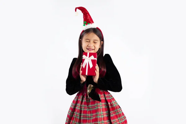 Asiatique Enfant Costume Thème Noël Portant Santa Chapeau Tenant Boîte — Photo