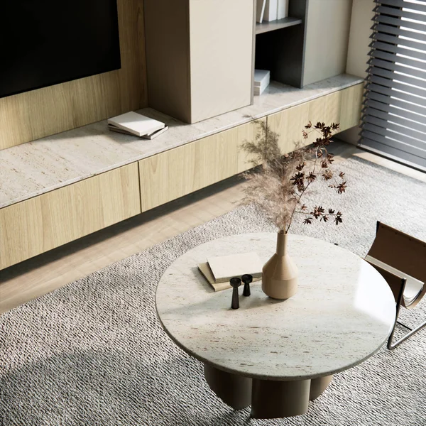 现代室内设计和装饰用木制橱柜和抽屉的桌子在灰色地毯上 3D渲染 — 图库照片