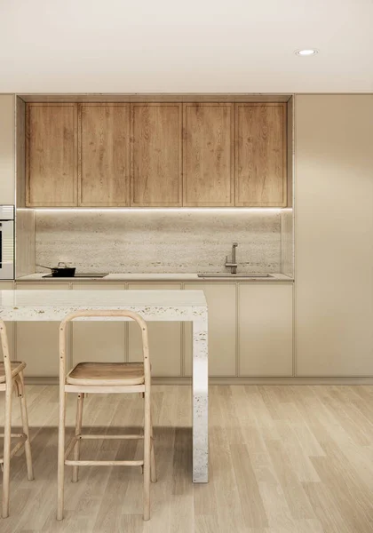 最小的小格子室内厨房房间的设计和装饰与内置柜台和橱柜 岛屿和客厅椅子木制地板 3D渲染 — 图库照片
