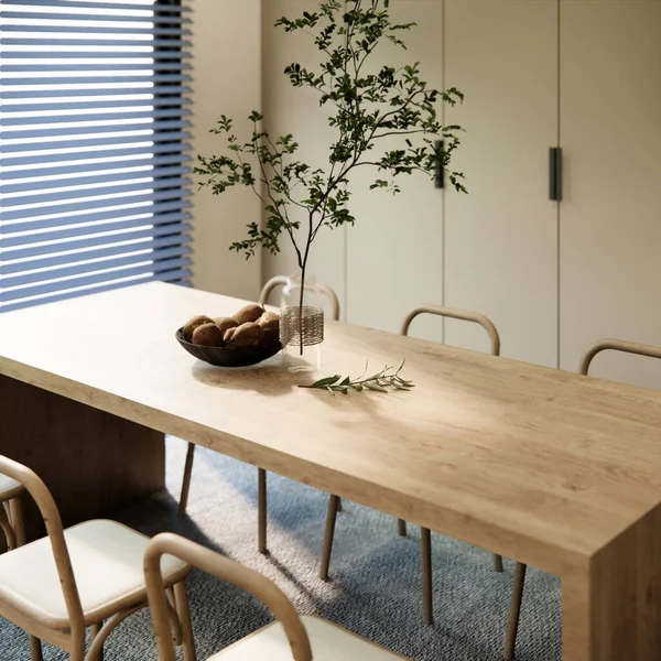Modern Minimal Boş Ahşap Yemek Masası Sandalyelerin Üst Görüntüsünü Oluşturun — Stok fotoğraf