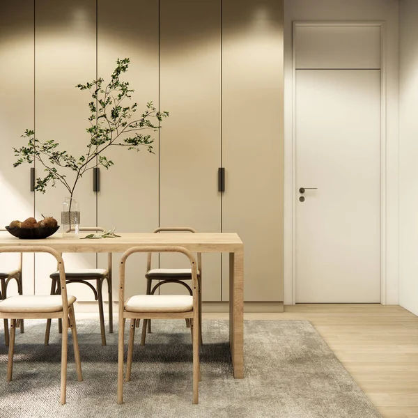 三维渲染现代简约风格餐厅室内设计与装饰木桌椅子灰色地毯木地板 — 图库照片