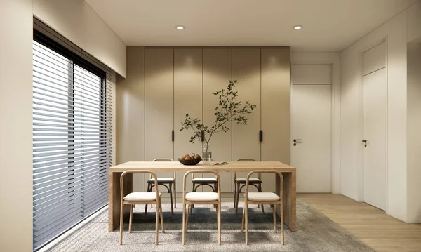 木製のテーブルと椅子ブラインド付きの3Dレンダリング最小限のスタイルのダイニングルームのインテリアデザインと装飾窓グレーカーペットと木製の寄木細工の床 — ストック写真