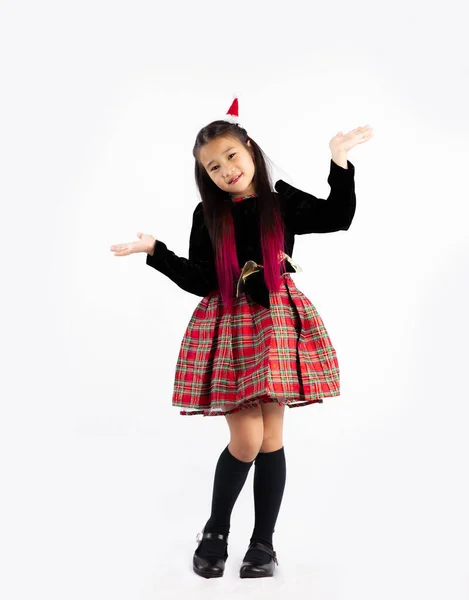 Lindo Asiático Niño Chica Negro Rojo Navidad Tema Traje Posando — Foto de Stock