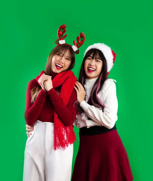 Jeunes Femmes Asiatiques Lgbtq Costume Thème Noël Posant Sur Fond — Photo