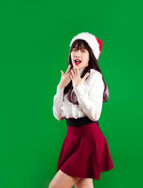 Asiatin Weißem Hemd Rotem Rock Und Weihnachtsmütze Weihnachtsthemenkostüm Posiert Überrascht — Stockfoto