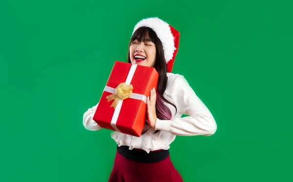 Feliz Natal Mulher Asiática Traje Tema Natal Usando Chapéu Papai — Fotografia de Stock