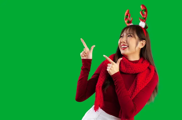 Feliz Natal Asiático Mulher Longo Cabelo Estilo Vestindo Vermelho Manga — Fotografia de Stock