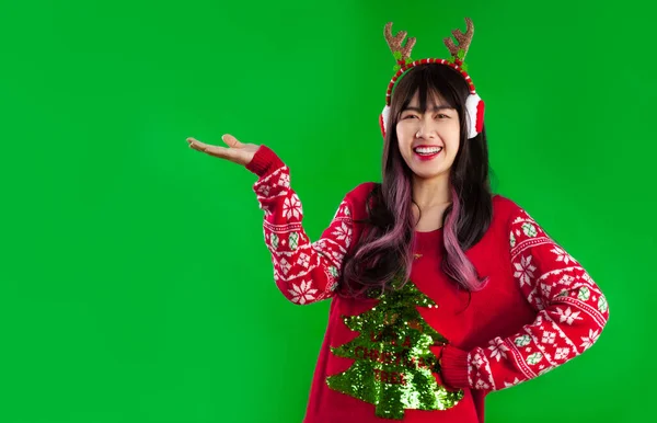 Young Pretty Asian Woman Red Sweater Christmas Theme Wear Reindeer — Stock Photo, Image