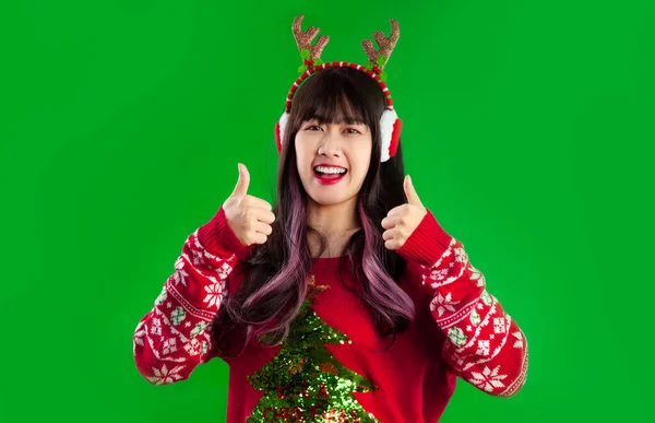 Joyeux Noël Jeune Femme Asiatique Coiffure Longue Pull Rouge Regardant — Photo