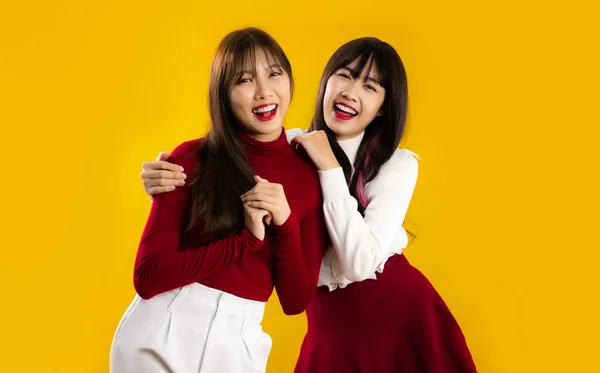 Jonge Aziatische Vrouwen Lgbtq Paar Lang Haar Rood Wit Kerst — Stockfoto