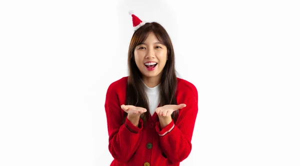 Jovem Mulher Asiática Camisola Vermelha Vestindo Cabeça Chapéu Papai Noel — Fotografia de Stock