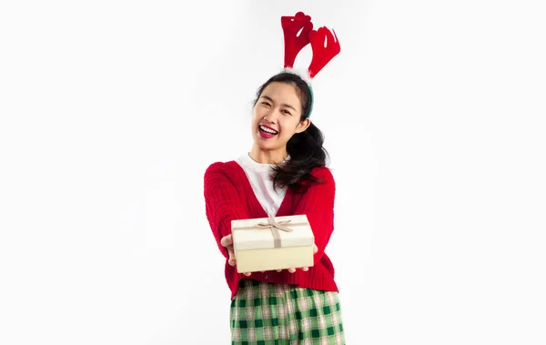 Joyeux Noël Jeune Femme Asiatique Pull Rouge Costume Thème Noël — Photo