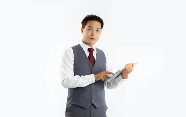 Asian Businessman Using Touching Tablet Screen Looking Camera White Background — Foto Stock