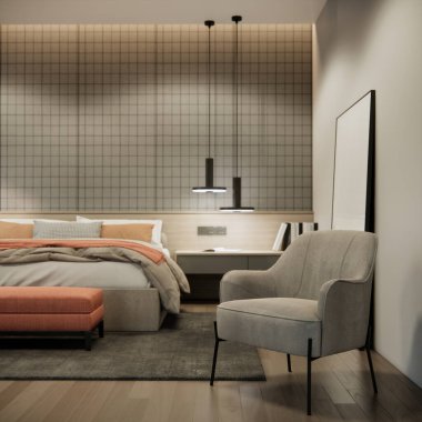 3d rendering interior modern bedroom design and decoration with grey fabric armchair, hanging lamps empty photo frame on wooden floor.	