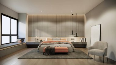 Modern bedroom interior design and decoration with grey bedding fabric armchair empty frame on wooden foor with sunlight from window. 3d rendering mockup apartment room.	