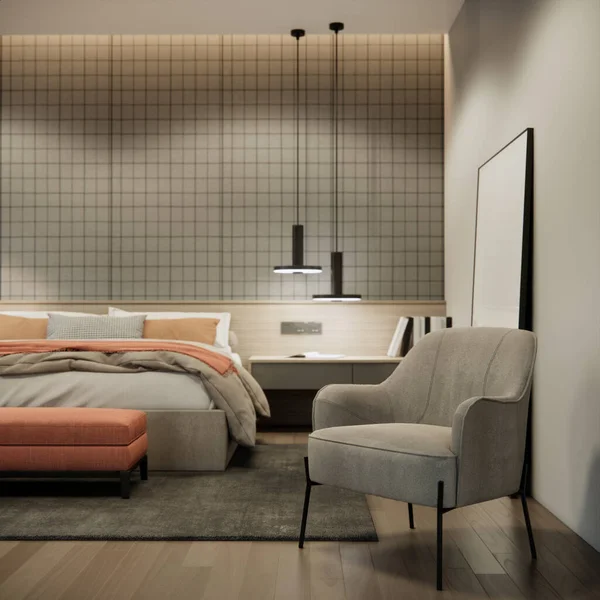 Rendering Interior Modern Bedroom Design Decoration Grey Fabric Armchair Hanging — Zdjęcie stockowe