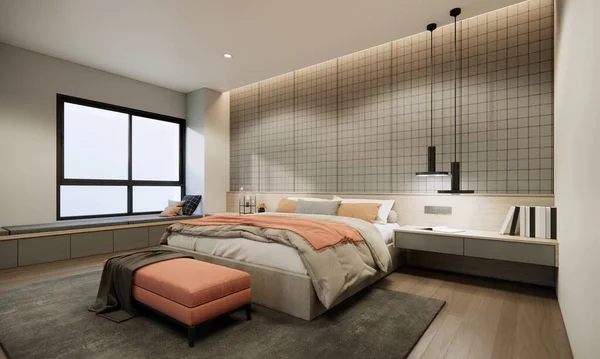 3Dレンダリングベッドルームのインテリアデザインと装飾 ベージュとグレーの色の部屋のアイデア — ストック写真