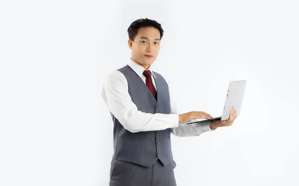Young Asian Handsome Businessman White Shirt Red Tie Holding Notebook — Foto Stock