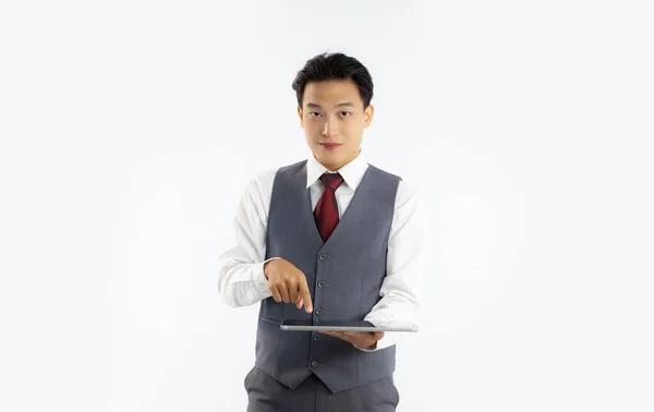 Young Asian Businessman Grey Vest Suit White Shirt Red Tie — Foto Stock
