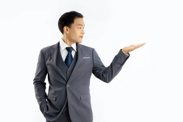 Asian Businessman Grey Suit White Shirt Blue Tie Posing Hand — Foto Stock