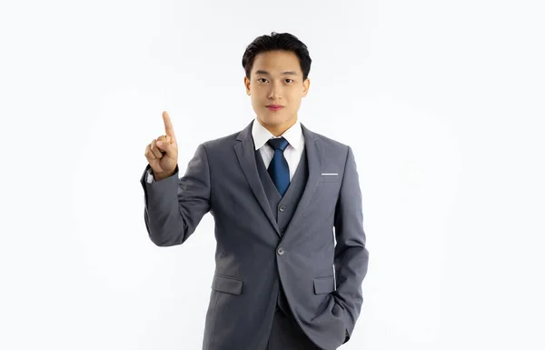 Asian Businessman Grey Suit White Shirt Blue Tie Standing Looking — Stock Photo, Image