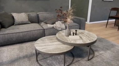 Mobilyaları, dönen çekimleri, 3 boyutlu canlandırma video 4K animasyon odası tasarımı olan modern bir oturma odası.