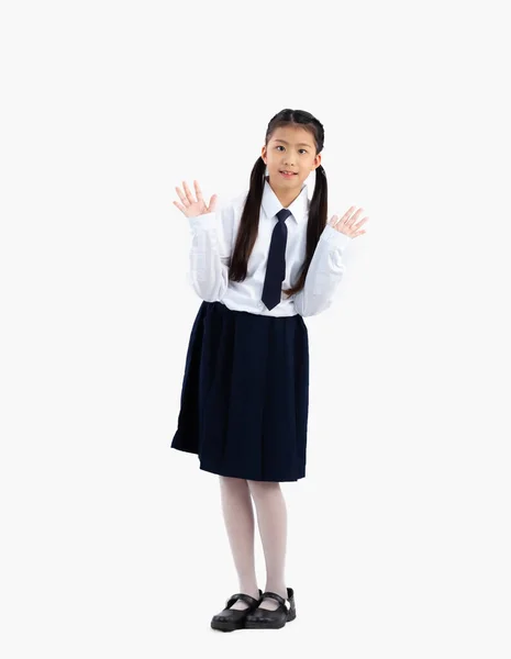 Asian Schoolgirl Long Hair Style Uniform Standing Full Length White — Stock Photo, Image