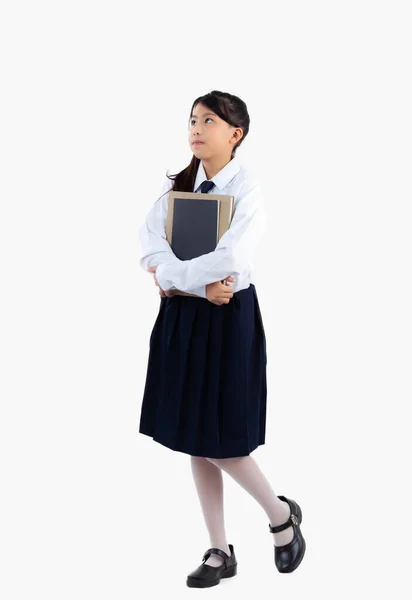 Aziatische Schoolmeisje Student Uniform Holding Boek Lopen Volledige Lengte Wit — Stockfoto