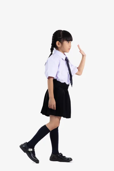 Asijské Student Mezinárodní Škola Uniformě Stojící Plnou Délku Mávání Rukou — Stock fotografie