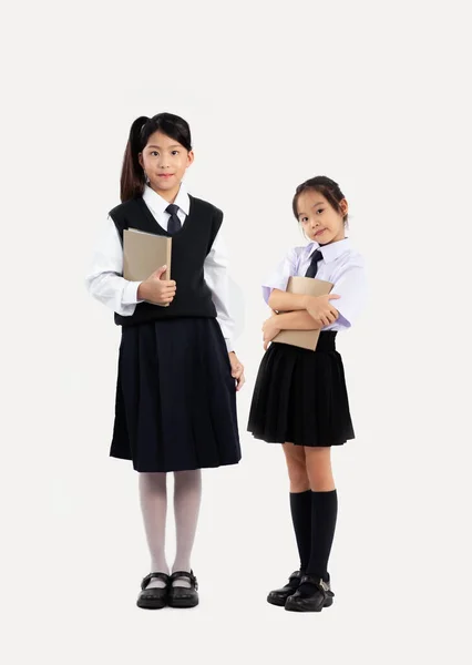 Asian Girls Junior Student School Uniform Holding Book Standing Full — Stock Photo, Image