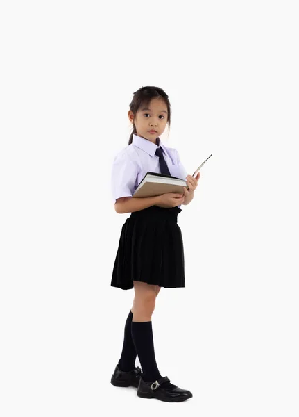 Ásia Escola Menina Estudante Formal Uniforme Leitura Livro Completo Comprimento — Fotografia de Stock