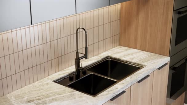 厨房理念的现代室内设计3D渲染动画 特写黑色水槽4K视频镜头 — 图库视频影像