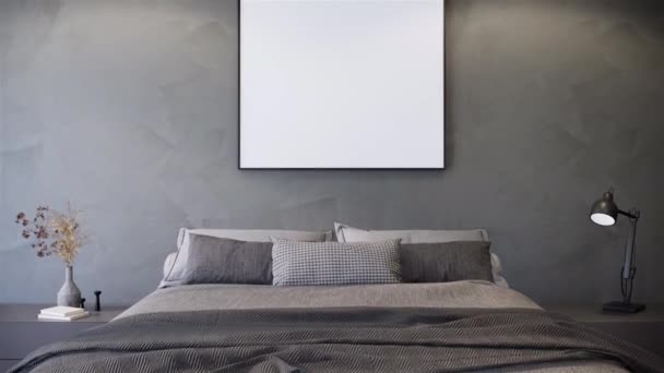 Modernes Interieur Des Schlafzimmers Mit Leerem Bilderrahmen Wohnung Ideen Rendering — Stockvideo