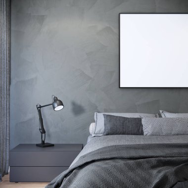 İç yatak odası tasarımı ve dekorasyonu koyu tonlu çatı katı tarzı. 3d oluşturma.