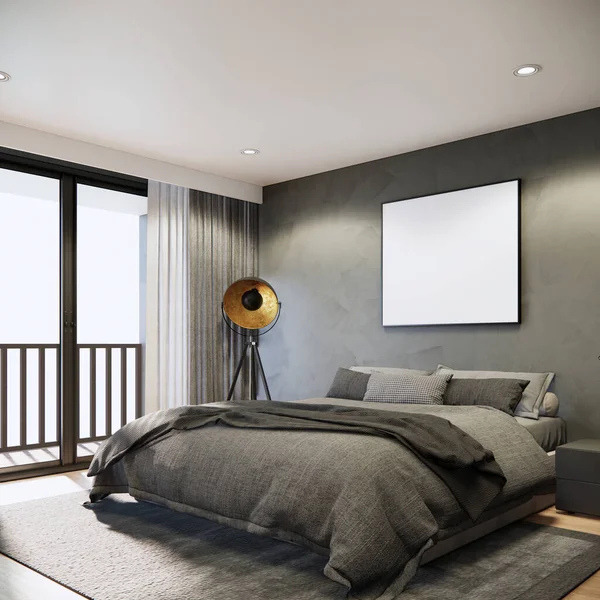 3d rendering bedroom interior design and decoration in dark tone color bedding blanket and pillows, empty photo frame on grey concrete wall room with balcony.