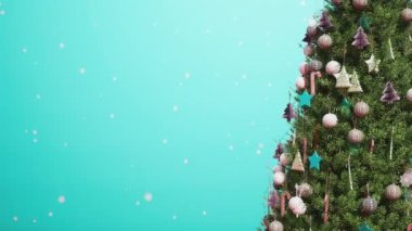 Christmas tree decorated with glitter balls, silver stars on fir branch snow falling blue background in 4K video animation.