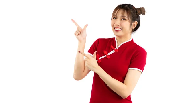 Young Pretty Asian Woman Red Chinese Dress Smiling Finger Pointing — Photo