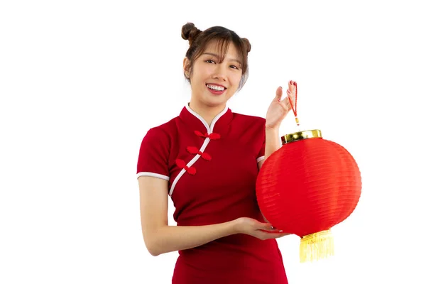 Young Asian Woman Red Traditional Chinese Dress Holding Red Paper — Photo