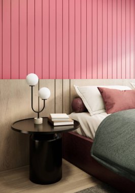 3d rendering bedroom interior design and decoration with pink wall green blanket. Vertical image.