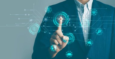Digital transformation technology strategy, IoT, internet of things. Businessman pressing AI button on hologram virtual screen.