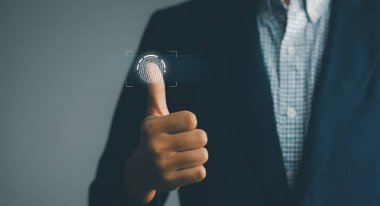 Businessman using fingerprint indentification to access data. biometrics security, innovation technology.