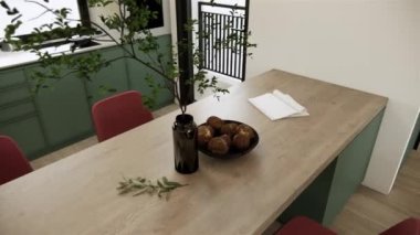 3d rendering mockup apartment room interior design and decoration with red and green furnitures, wall and wooden floor. 4K video living and dining.