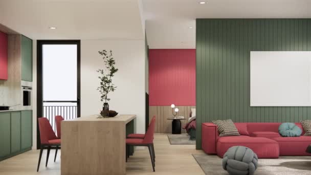 Video Moderne Roms Interiørdesign Dekorasjon Med Rød Tøysofa Blank Lerret – stockvideo