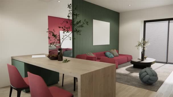 Rendering Mockup Apartment Room Interior Design Decoration Red Sofa Green — Vídeo de stock