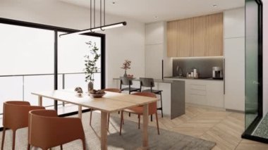 Interior design of modern apartment, living room with sofa and coffee tables kitchen and dining table 3d rendering 4K animation