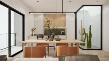 Mobilyalı modern odanın 3 boyutlu animasyon tasarımı, asgari apartman fikirleri. Görüntüyü büyüt Ultra HD 4K 3840x2160.