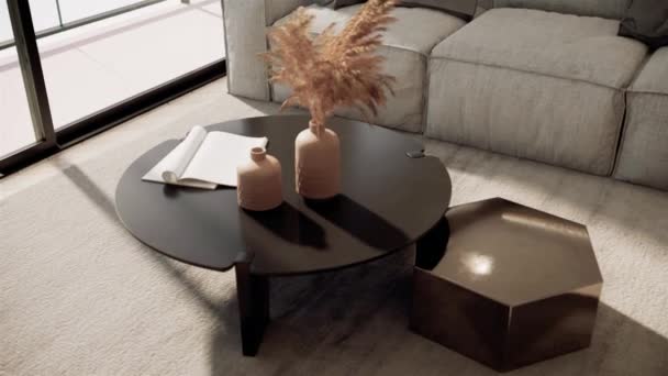 Interior Design Modern Room Wood Coffee Table Sofa Close Shot — Stok video