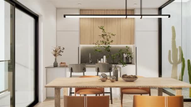 Rendering Animatie Interieur Ontwerp Van Modern Appartement Minimale Eetkamer Keuken — Stockvideo