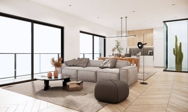 3d rendering mockup modern interior room design and decoration furniture fabric sofa. minimal white color apartment ideas.